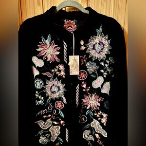 JOHNNY WAS Pacifica Oversized Velvet Shirt Embroidered Black Button Up NWT XL